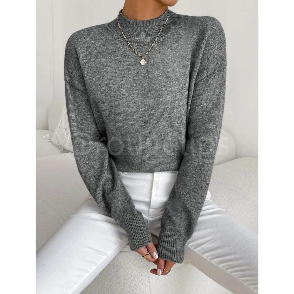 Grey Turtleneck Knit Pullover Sweater Long Sleeve - Picture 3 of 7